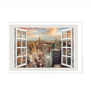Detail of 3D fake window wall decal showing New York city sunset scenery 90x60cm