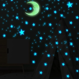 Luminous wall stickers set featuring blue stars and yellow moon for kids room decor