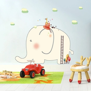 Cartoon elephant and giraffe wall decals for nursery decor with colorful clouds and trees