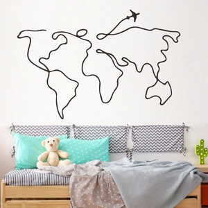 Minimalist black line world map wall sticker with airplanes for children room decoration