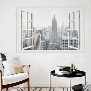 Detailed 3D window wall sticker showing New York City skyline and Empire State Building