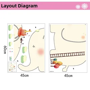 Detailed 60x45cm layout of cartoon elephant and giraffe wall stickers for nursery decor