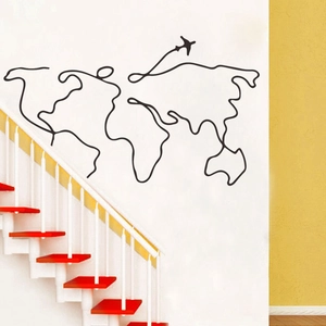 Minimalist black line world map wall sticker with plane design for home wall decoration