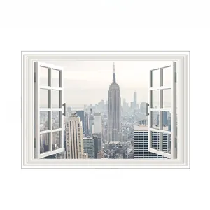 Detailed view of 3D fake window wall decal showing New York skyline size 84x56cm