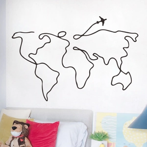 Minimalist black world map wall sticker with plane element for modern bedroom decor