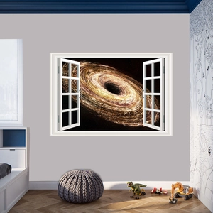 Dettaglio dell'adesivo murale 3D buco nero con cornice della finestra su parete grigia