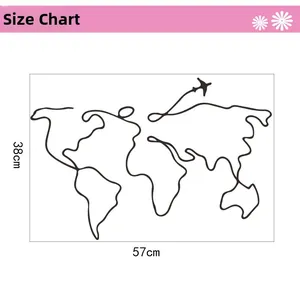Minimalist world map wall decal with airplane icon, dimensions 57cm width and 38cm height