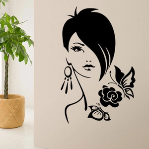 Adesivo murale nero minimalista con elegante silhouette femminile, rose e farfalle per casa