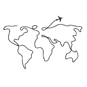 Minimalist world map wall sticker with single line art design and small airplane icon
