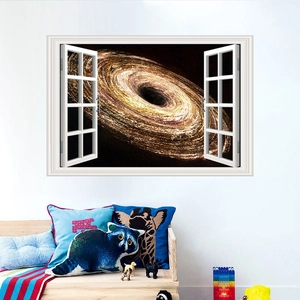 Dettaglio adesivo murale 3D buco nero spaziale con effetto cornice finestra aperta