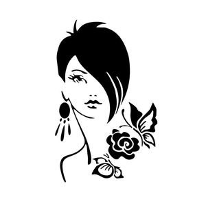 Dettaglio di un adesivo da parete minimalista con profilo femminile, farfalle e fiori