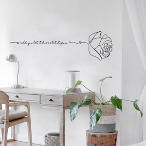 Minimalist rose wall decal with black line art and English quote for bedroom decor