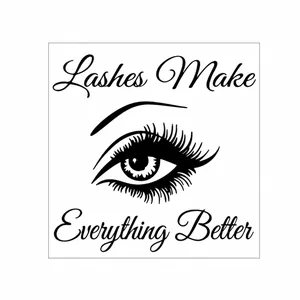 Detail van muursticker met tekst 'Lashes Make Everything Better' en oogtekening