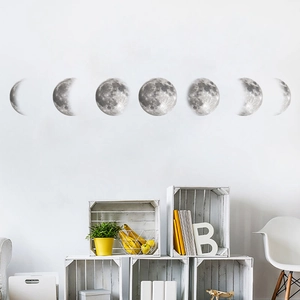 Realistic lunar cycle wall decals set featuring seven moon phases for minimalist home decor