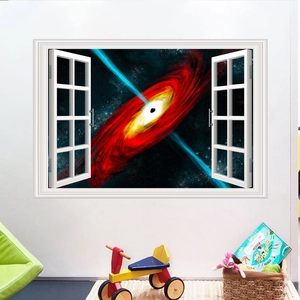 Dettaglio adesivo murale 3D con finta finestra bianca e vista galattica del buco nero
