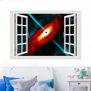 Adesivo murale 3D buco nero spaziale con cornice bianca realistica su parete bianca
