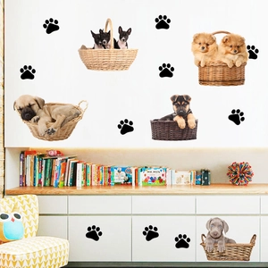 Cartoon puppy wall decals in baskets with black paw prints for kids room decor