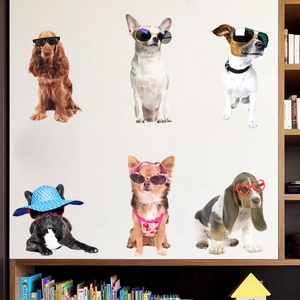Removable cartoon wall stickers set featuring six stylish dogs with sunglasses for decor
