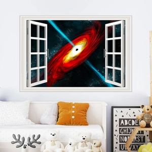 Dettaglio macro dell'adesivo murale 3D buco nero con finta cornice su una parete bianca