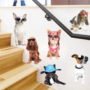 Cute cartoon wall stickers set with 6 different dog breeds wearing sunglasses and hats