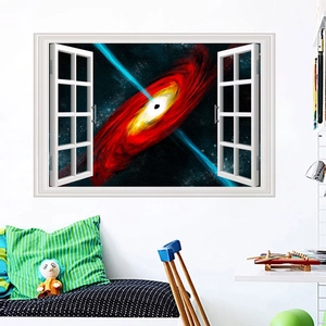 Dettaglio macro di un adesivo murale 3D con vista finestra su un buco nero cosmico