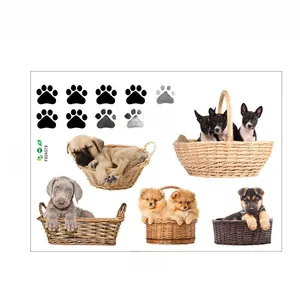 Detailed layout of puppy dog in basket wall stickers with paw prints measuring 60x40cm