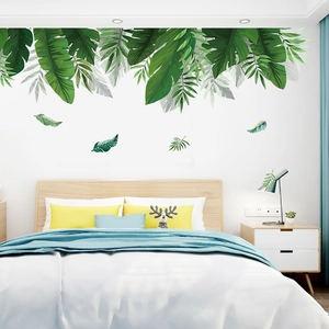 Stickers muraux feuilles de palmier tropicales vert et gris pour décor de chambre