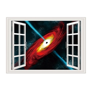 Adesivo murale 3D buco nero con vista galattica realistica attraverso cornice finestra bianca