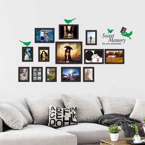 DIY photo frame wall sticker set with black frames, green birds and Sweet Memory quote