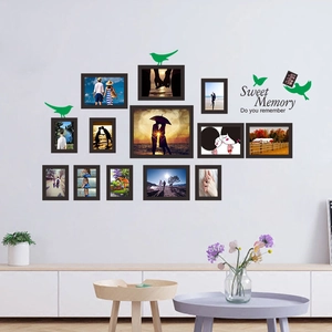 DIY PVC photo frame wall decals with Sweet Memory lettering and green birds decor