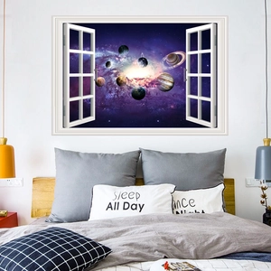 Dettaglio adesivo murale 3D finestra galassia con stelle e pianeti dello spazio