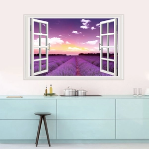 3D Window View Wall Sticker Purple Lavender Field Sunset Landscape PVC Removable Home Decor Wall Decal For Living Room Bedroom