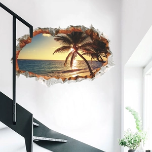 3D beach palm tree wall sticker with broken wall effect for home interior decoration