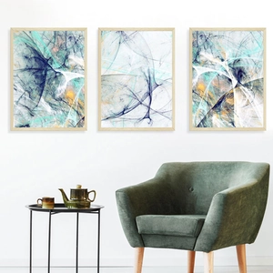 Three-piece abstract geometric wall art set with light wood frames for modern home decor