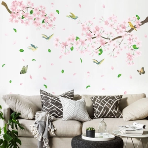 Pink cherry blossom wall decals with birds and butterflies for living room wall decor