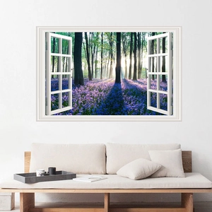 3D forest and lavender landscape wall decal with white faux window frame for home decor