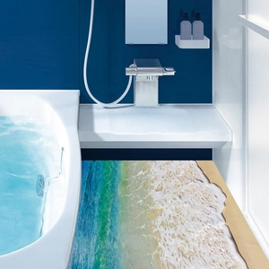 3D beach wave floor sticker for bathroom decor featuring realistic ocean landscape