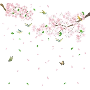 Close-up of pink cherry blossoms with flying birds and butterflies wall sticker