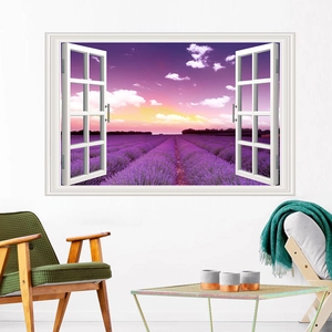 3D fake window wall decal featuring a lavender field with a purple sunset landscape
