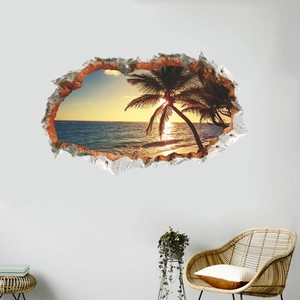 3D tropical beach sunset wall sticker with palm trees and creative broken wall effect