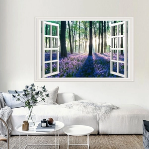 3D fake window wall decal with lavender forest landscape for modern home decoration