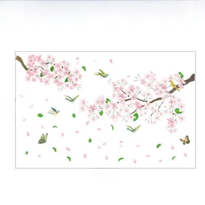 Pink cherry blossom wall sticker with birds and butterflies measuring 112x68cm