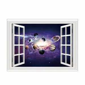 Detail view of 3D cosmic wall decal showing a window view to planets and galaxies