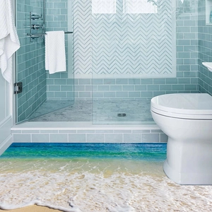 3D realistic beach wave floor sticker for bathroom and kitchen decor with surfing sand pattern