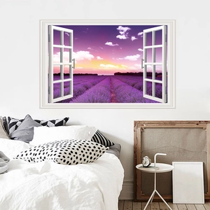 3D window wall decal featuring a scenic lavender field sunset for home bedroom decor
