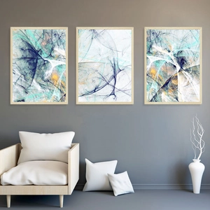 Nordic abstract geometric canvas set with blue and yellow lines in light wood frames