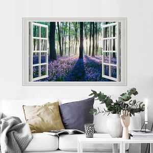 3D forest and lavender landscape wall sticker with white window frame for home decor