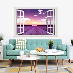 3D window wall decal featuring a lavender field landscape for living room decor