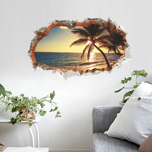 3D beach sunset wall sticker with tropical palm trees and ocean hole-in-wall effect