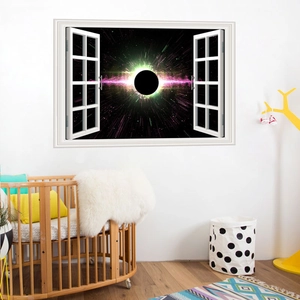 Vista macro dell'adesivo murale 3D con buco nero spaziale e raggi di luce rosa